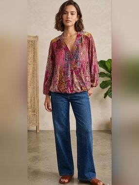 Anthropologie Floreat Silk Blend Burnout Velvet Paisley Surplice Blouse Pink XS